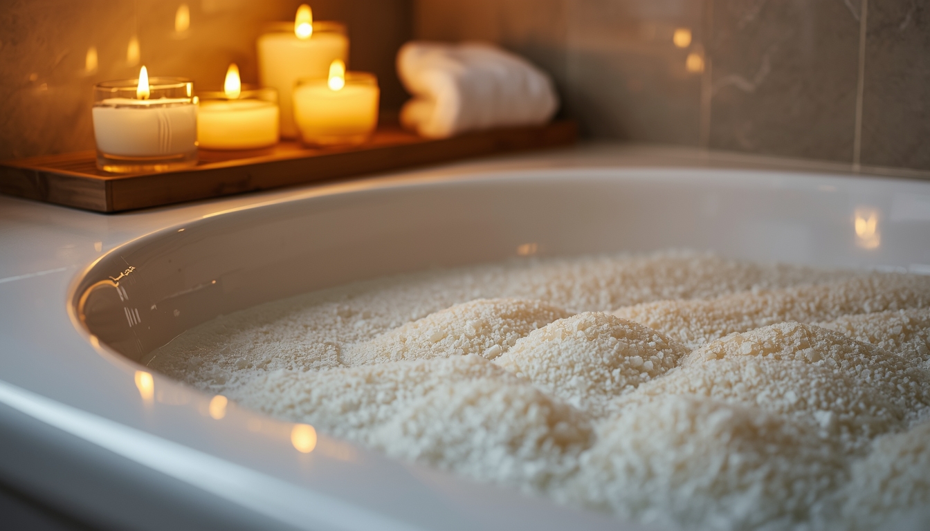 Relaxing bath setup with candles and bath salts