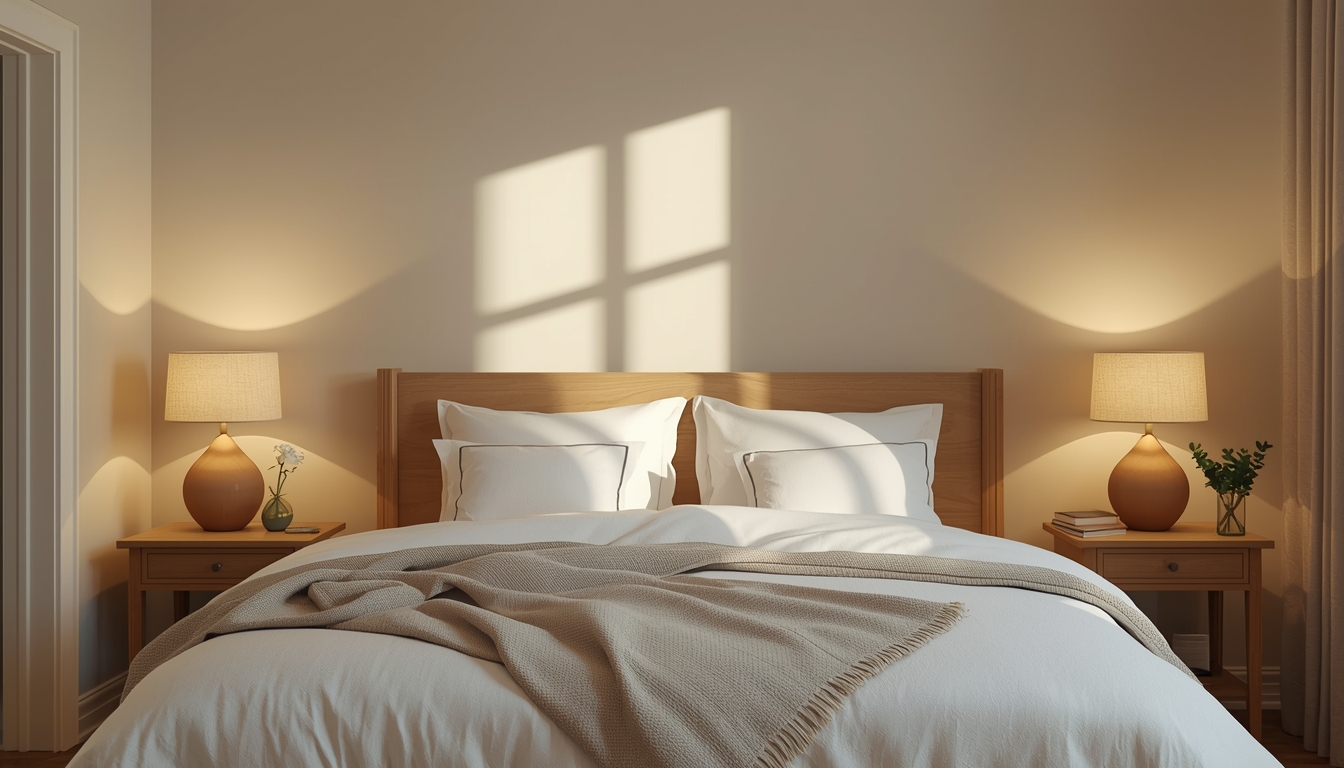 Peaceful bedroom with soft lighting and comfortable bedding