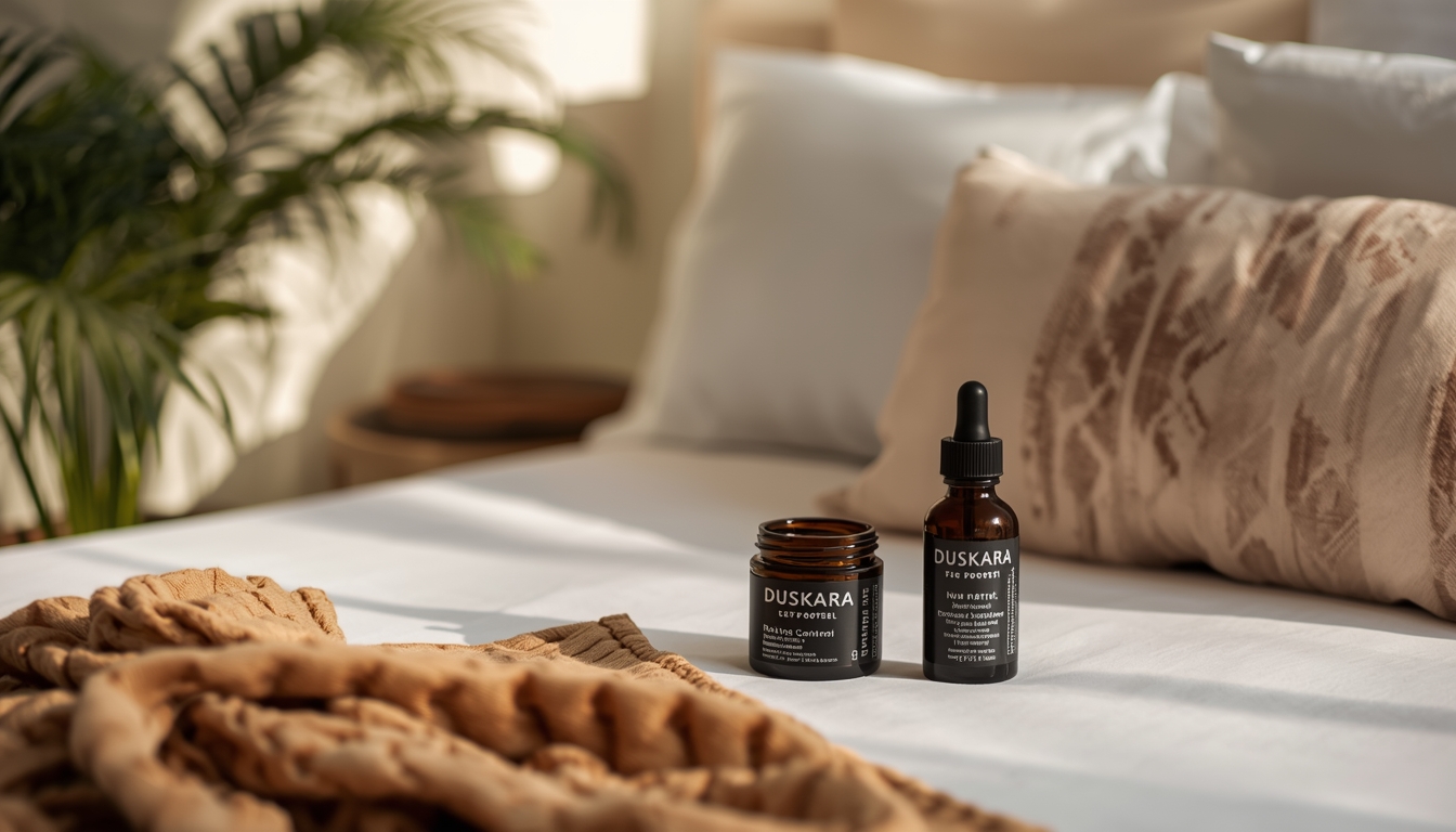 Lifestyle image showing Duskara products in a peaceful bedroom setting
